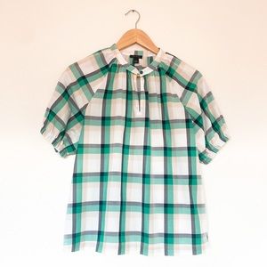 Ann Taylor Green Tartan Plaid Short Sleeve Blouse